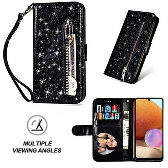 Samsung A32 4G Glitter Hoesje Met Pasjeshouder Bookcase Zwart