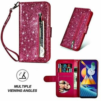 Samsung M11 Glitter Hoesje Met Pasjeshouder Bookcase Roze