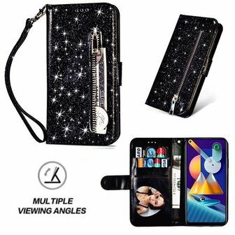 Samsung M11 Glitter Hoesje Met Pasjeshouder Bookcase Zwart