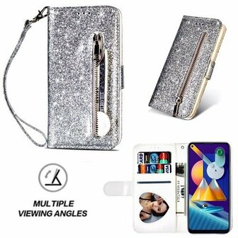 Samsung M11 Glitter Hoesje Met Pasjeshouder Bookcase Zilver