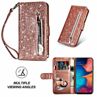 Samsung A20e Glitter Hoesje Met Pasjeshouder Bookcase Rose Goud