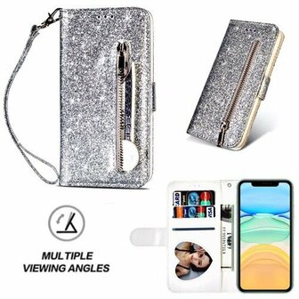 iPhone 11 Glitter Hoesje Met Pasjeshouder Bookcase Zilver