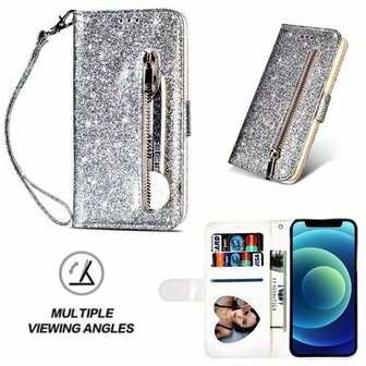 iPhone 12 Mini Glitter Hoesje Met Pasjeshouder Bookcase Zilver