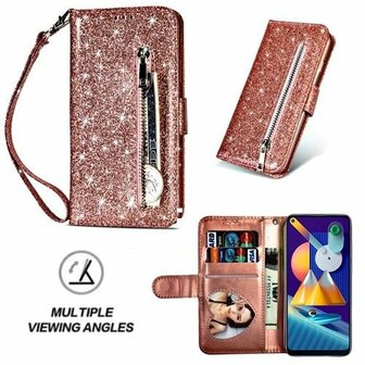 Samsung M11 Glitter Hoesje Met Pasjeshouder Bookcase Rose Goud