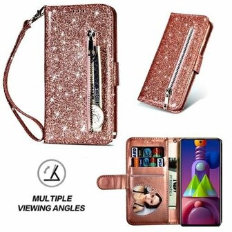 Samsung M51 Glitter Hoesje Met Pasjeshouder Bookcase Rose Goud