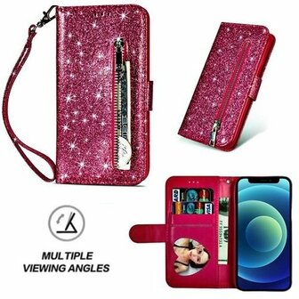 iPhone 12 Mini Glitter Hoesje Met Pasjeshouder Bookcase Roze