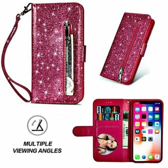 iPhone X Glitter Hoesje Met Pasjeshouder Bookcase Roze