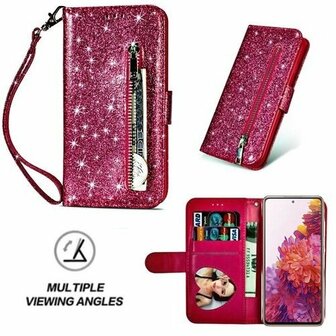 Samsung S20 FE Glitter Hoesje Met Pasjeshouder Bookcase Roze