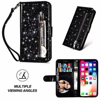 iPhone X Glitter Hoesje Met Pasjeshouder Bookcase Zwart