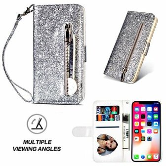iPhone X Glitter Hoesje Met Pasjeshouder Bookcase Zilver