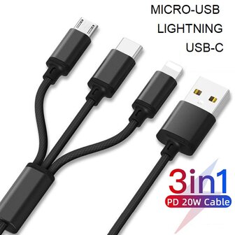 Beste 3-in-1 Oplaadkabel | Lightning | USB C | Micro USB