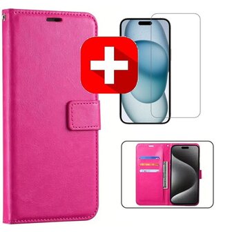 iPhone 15 Pro Hoesje Met Pasjeshouder Roze + Screenprotector